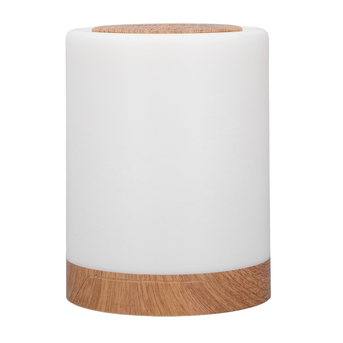Eine weiße, zylindrische Lampe mit Holzfuß und -deckel.