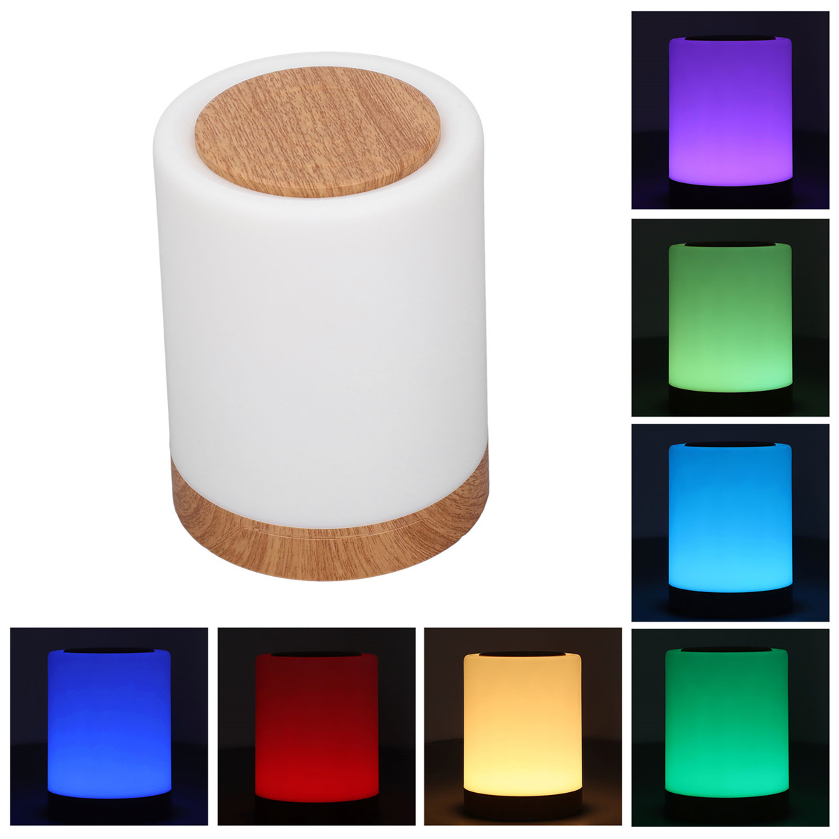 Eine weiße zylindrische Lampe mit Holzdeckel und -fuß, und mehreren Farblichtoptionen.