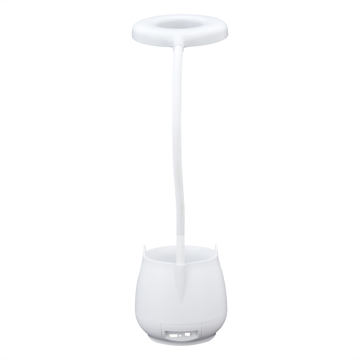 Weiße Schreibtischlampe mit flexiblem Hals und rundem Licht. Weißer Hintergrund.