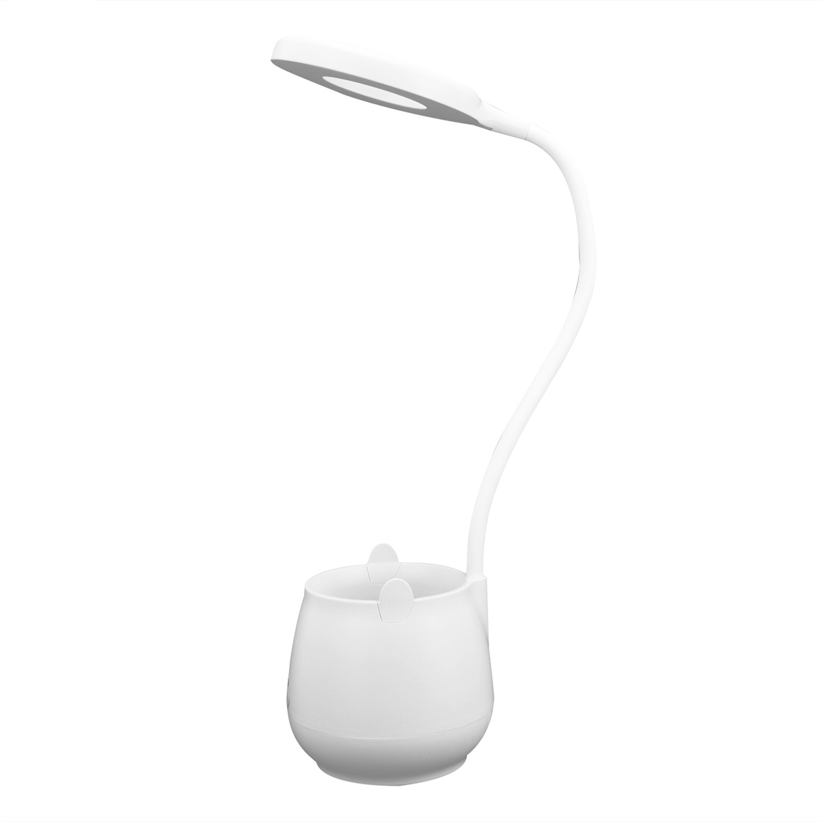 Eine weiße Schreibtischlampe mit flexiblem Hals und kleinem, integriertem Stifthalter.