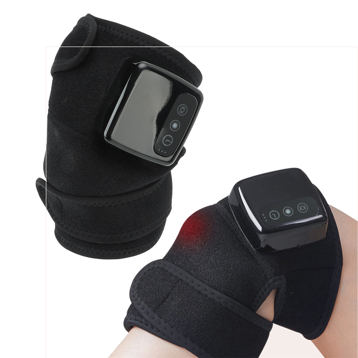 Zwei schwarze Knieorthesen, eine an einem Knie, mit schwarzem Bedienfeld.