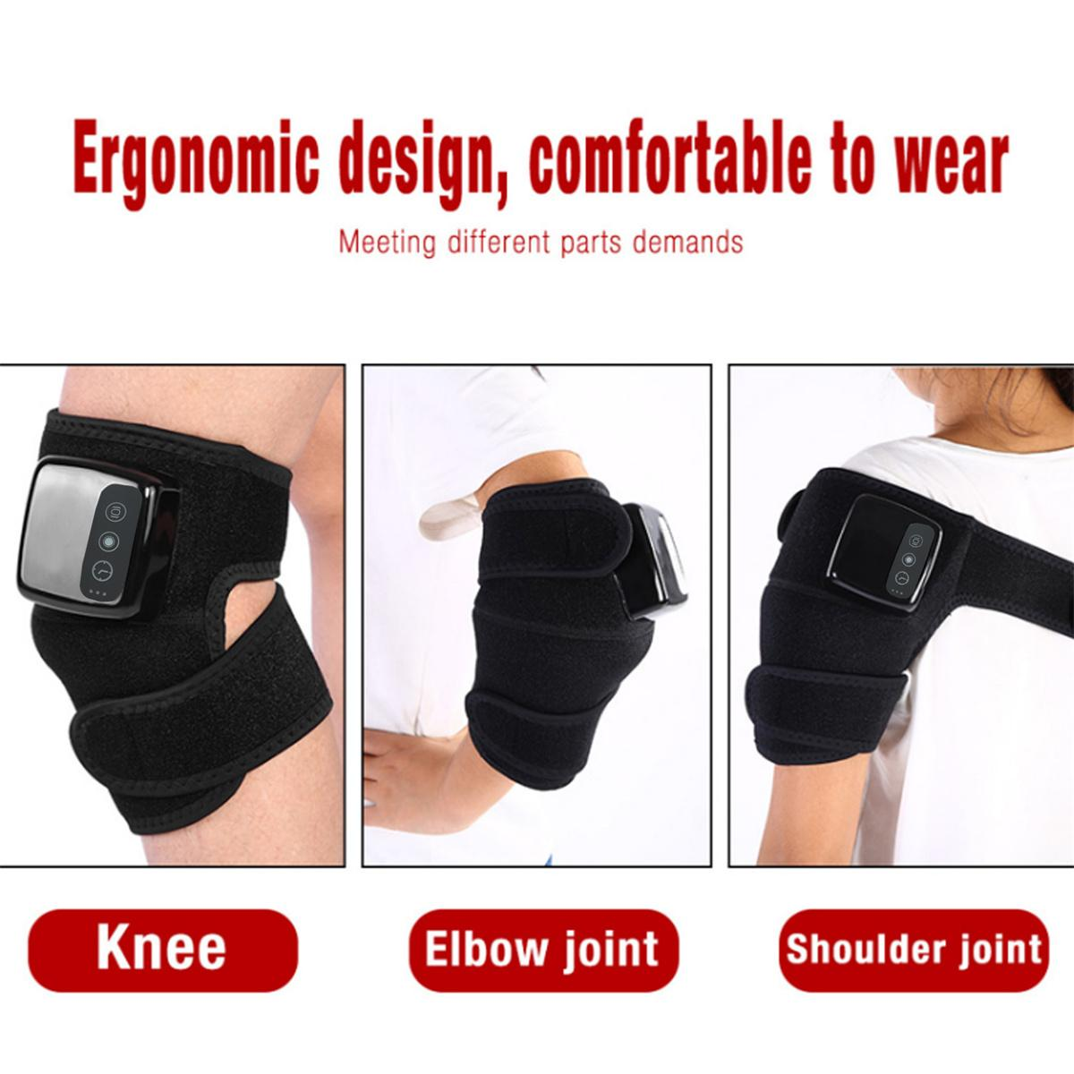 Knie-, Ellbogen- und Schultergelenkmassagegeräte gezeigt. Alle sind schwarz und haben ein Bedienfeld.