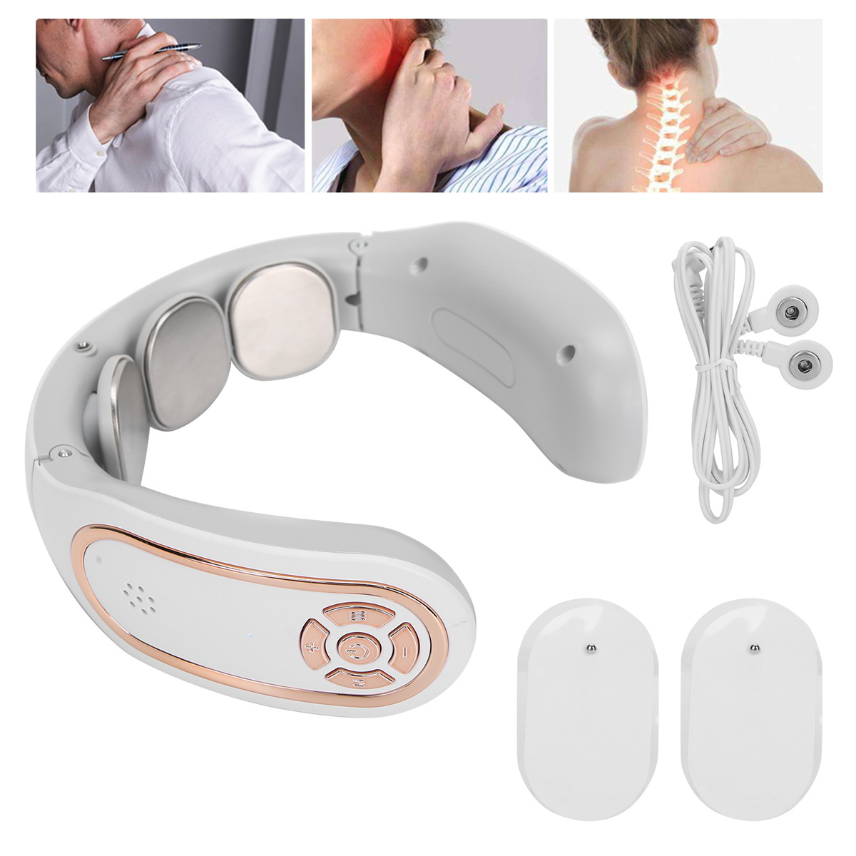 Weißes Nackenmassagegerät mit Bedienelementen, zwei weißen Pads und Bildern von Nackenschmerzen.