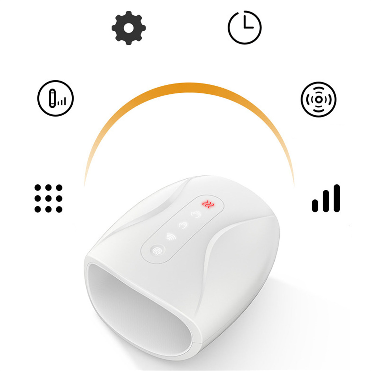 Weißes Handmassagegerät mit Lichtern und Symbolen. Das Handmassagegerät hat drei rote Lichter.