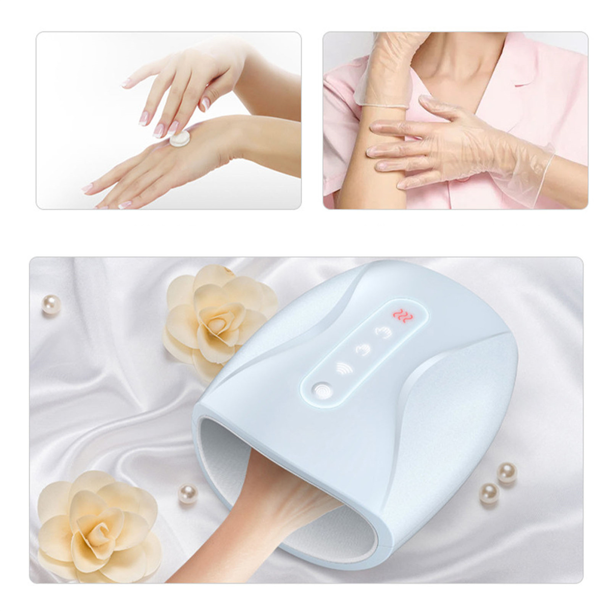Hände, die Creme auftragen, Handschuhe tragen und unter einer Nagellampe mit Blumen.