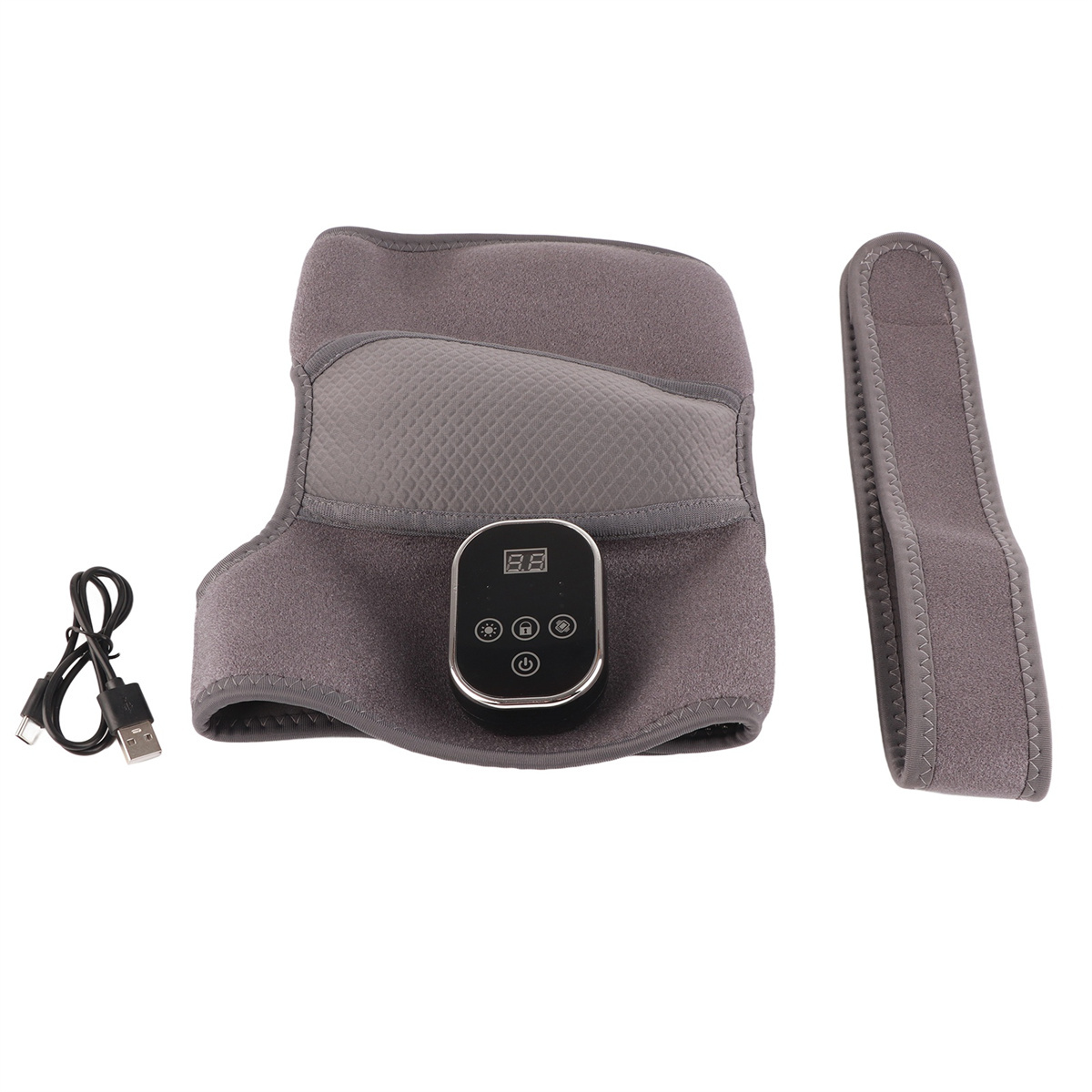 Eine graue Kniebandage mit Bedienfeld, abnehmbarem Riemen und USB-Kabel.