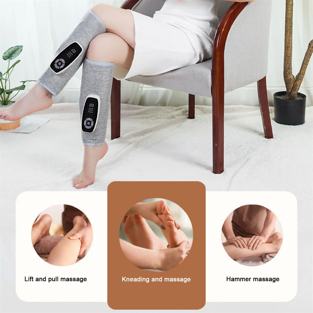 Eine Frau sitzt auf einem Stuhl mit Beinmassagern. Drei kleinere Bilder zeigen Massagetechniken.