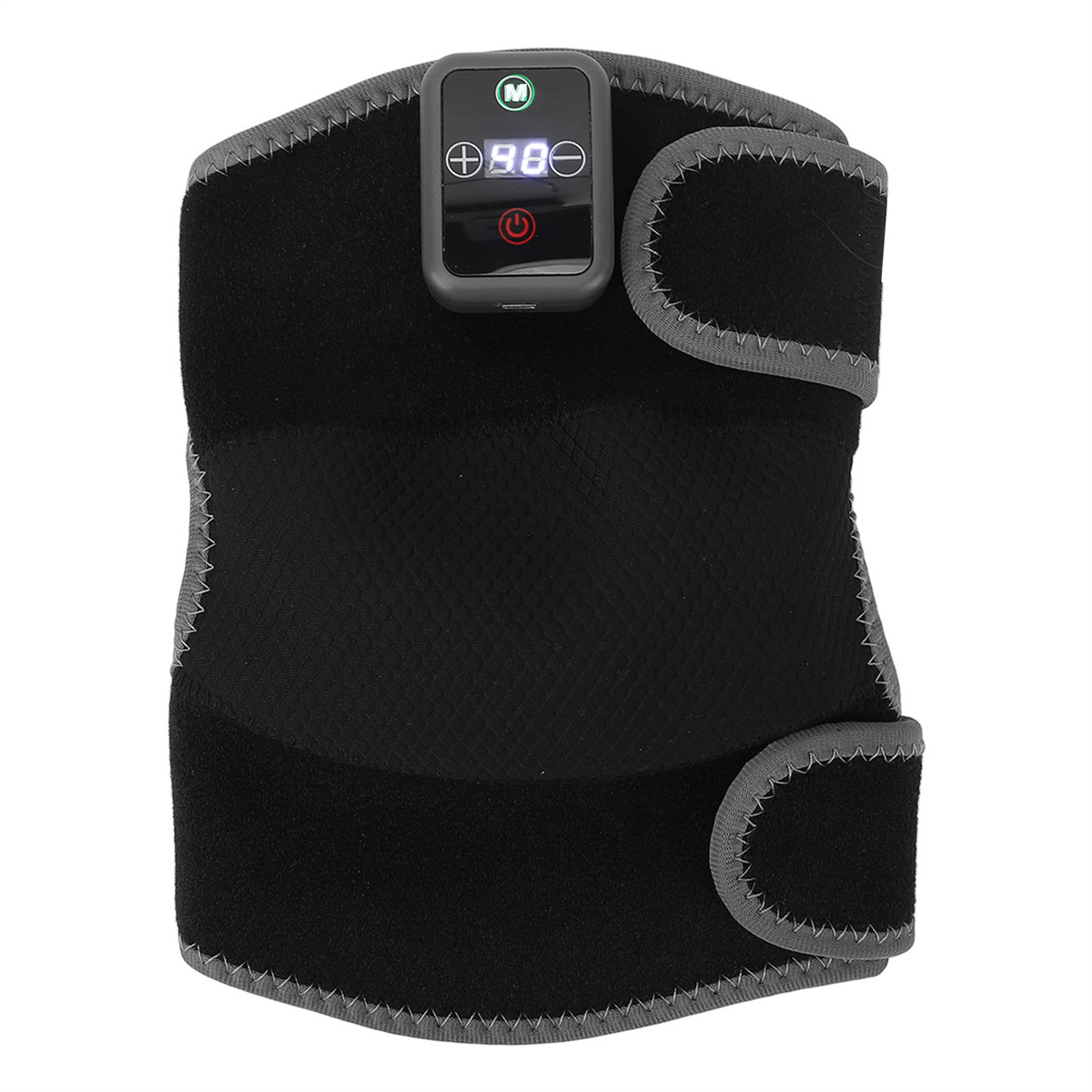 Schwarze Kniebandage mit Digitalanzeige. Graue Paspel und Klettverschlüsse sind sichtbar.