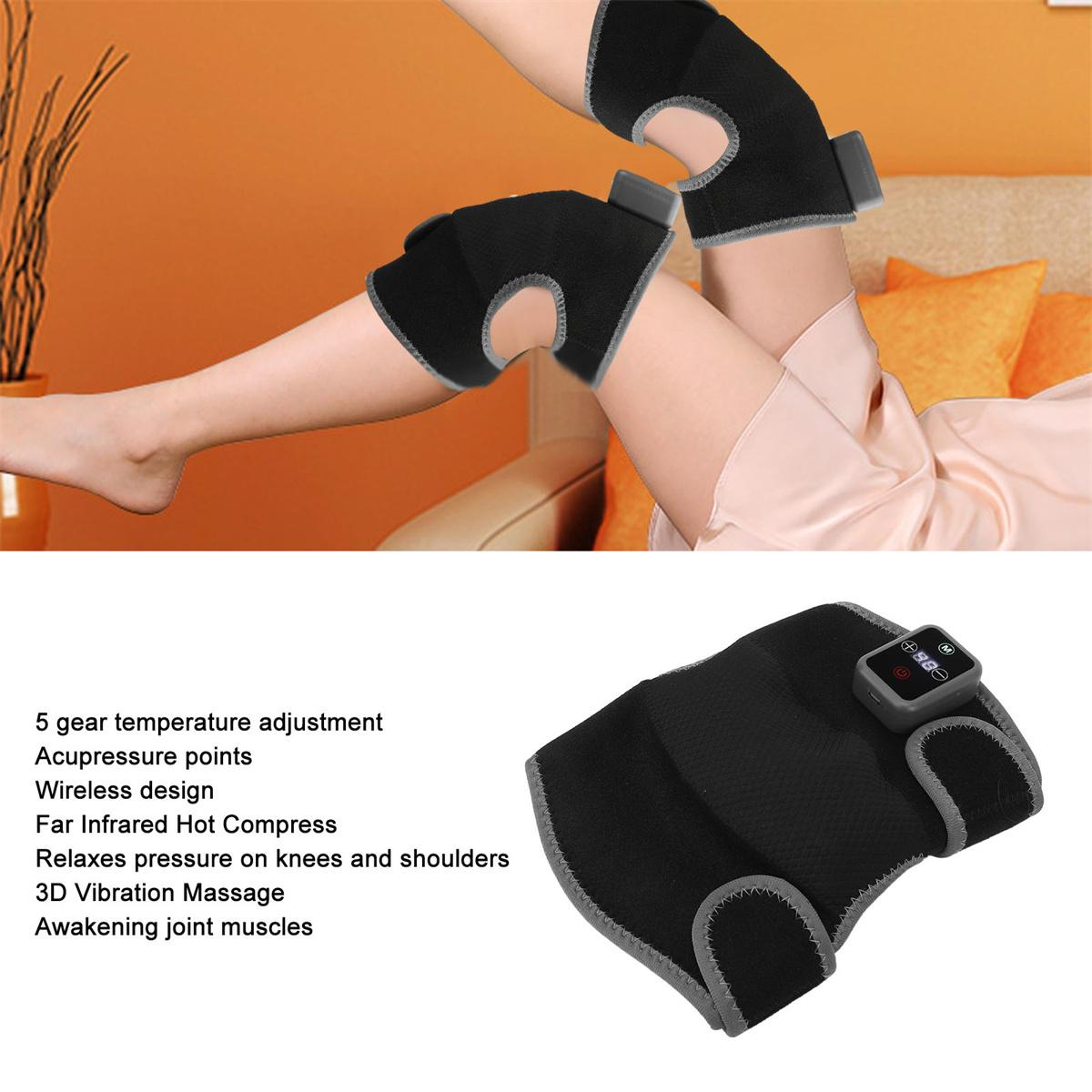 Zwei Knieorthesen an Beinen mit Steuermodul. Text beschreibt Funktionen wie Vibrationsmassage.