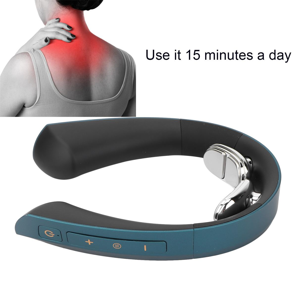Ein Nackenmassagegerät mit dem Text 'Use it 15 minutes a day'. Eine Hand berührt einen schmerzhaften roten Nacken.