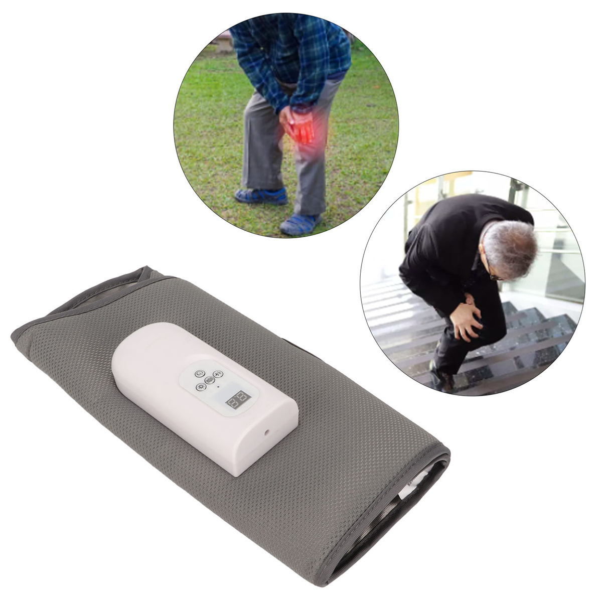 Eine Person mit Knieschmerzen, mit einem Gerät.