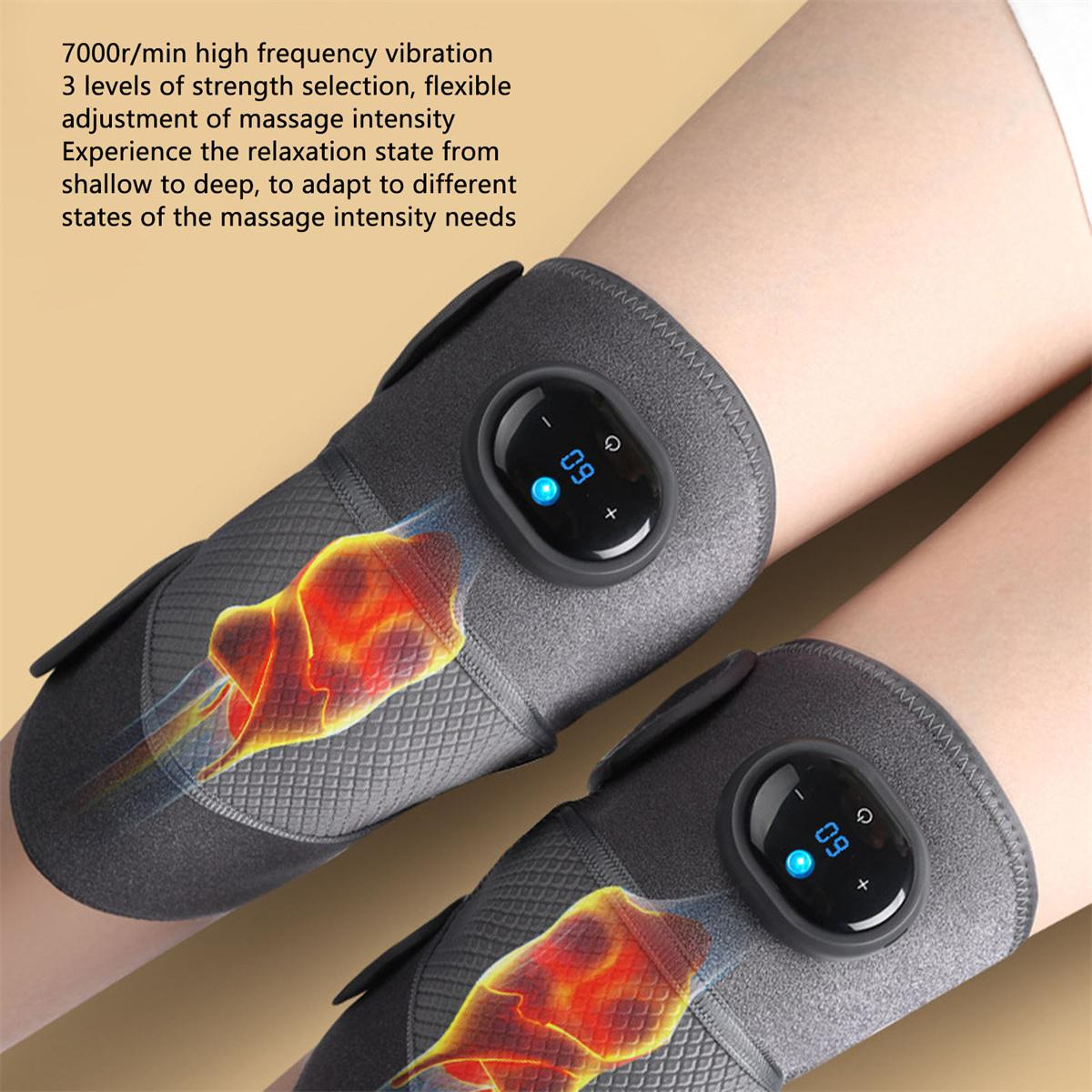 Zwei graue und schwarze Knie-Massagegeräte mit Digitalanzeigen.