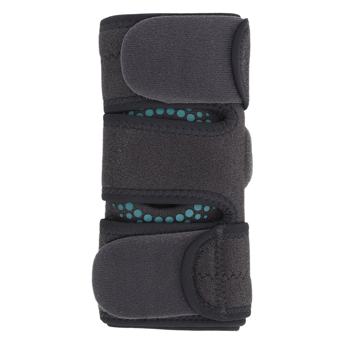 Eine schwarze Kniebandage mit drei Riemen. Sie hat blaue Innenpunkte.