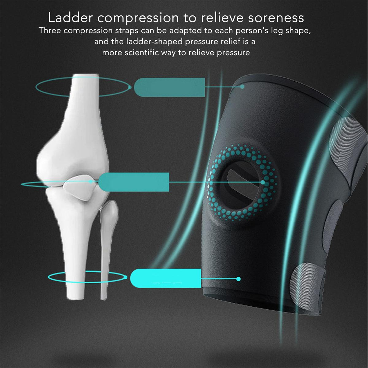 Schwarze Kniebandage mit Druckentlastung. Ein Diagramm zeigt Knie- und Knochenstruktur.