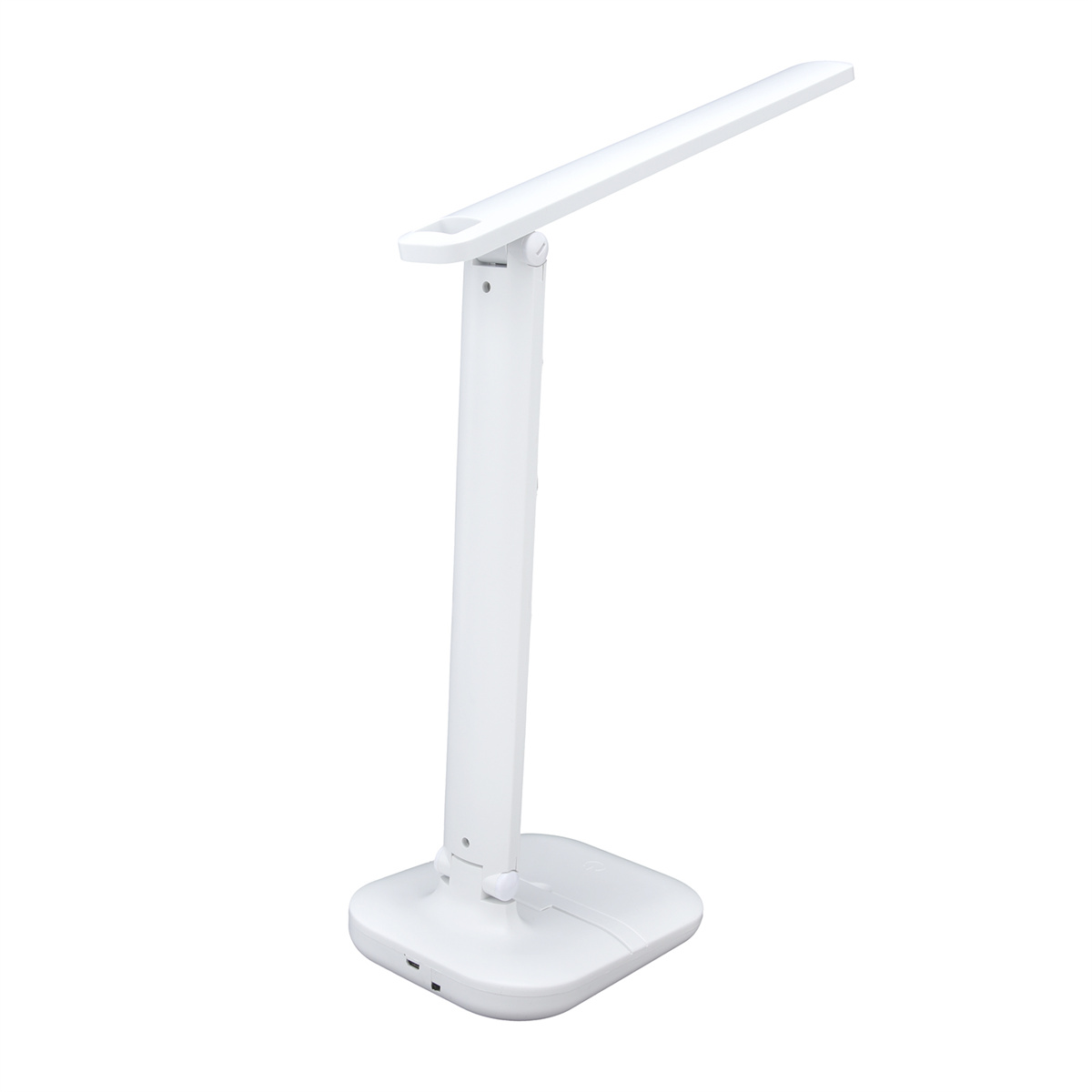 Eine weiße Schreibtischlampe. Sie hat einen quadratischen Sockel, einen vertikalen Arm und einen horizontalen Lichtbalken.