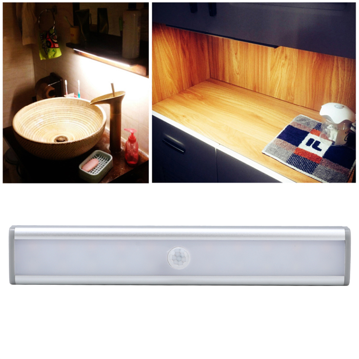 Drei Bilder zeigen LED-Streifenlichter in verschiedenen Badezimmer- und Küchenumgebungen.