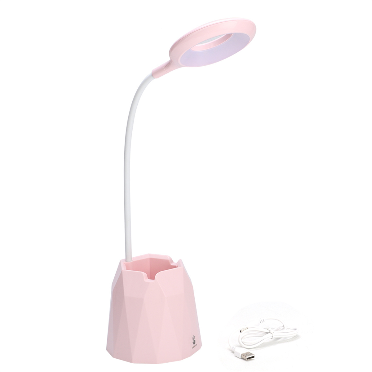 Eine rosa Schreibtischlampe mit rundem Licht und Stifthalter, auf weißem Hintergrund.