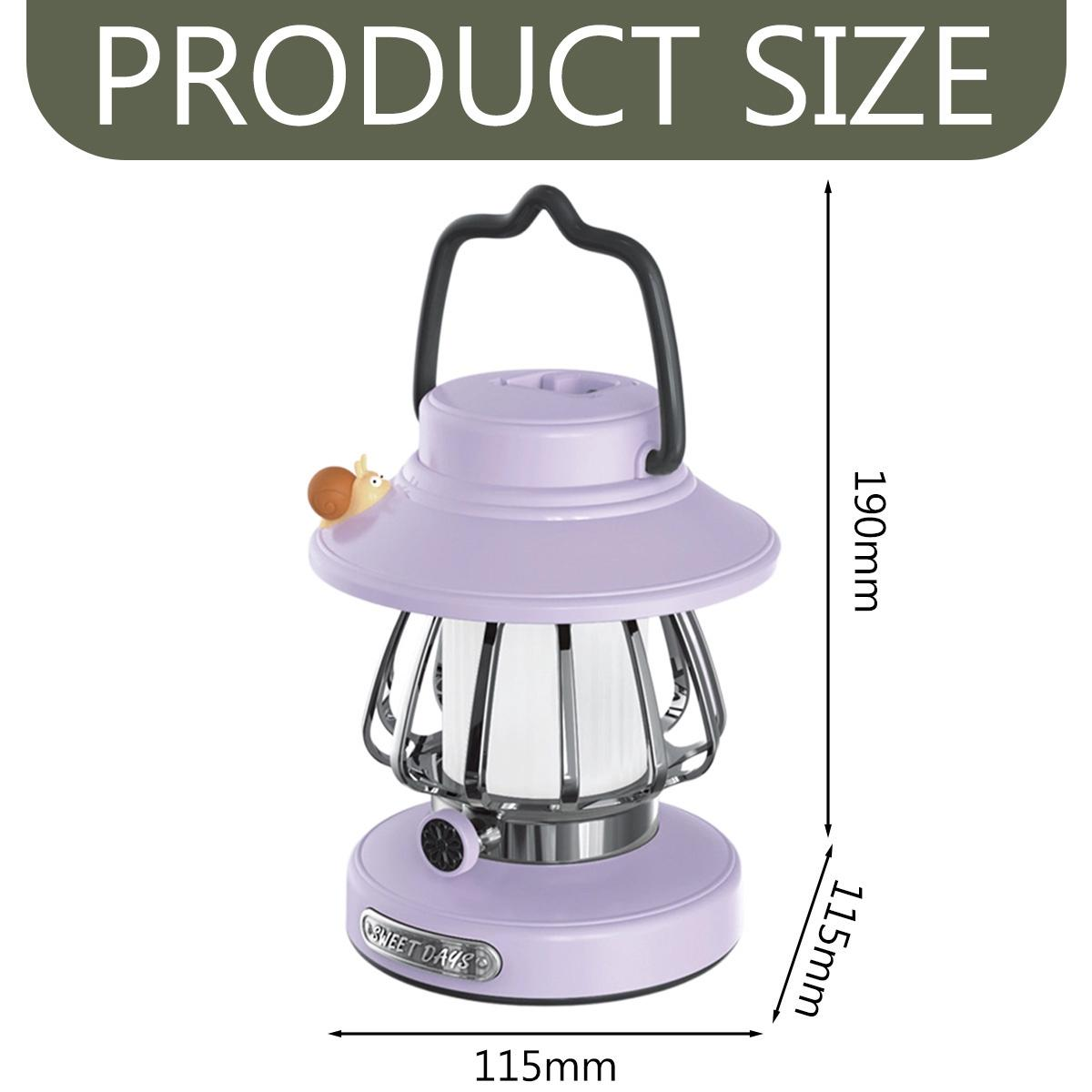 Eine lila Lampe mit Griff, Maße in mm angegeben, eine Schnecken-Dekoration. Weißer Hintergrund.