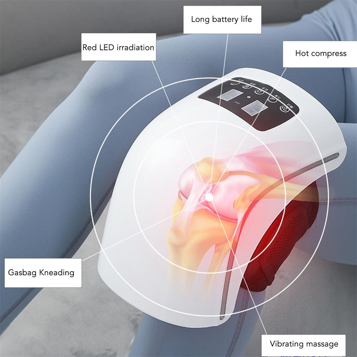 Knie-Massagegerät mit Etiketten: lange Akkulaufzeit, Heißkompresse, rote LED, Luftkissenkneten, Vibration.
