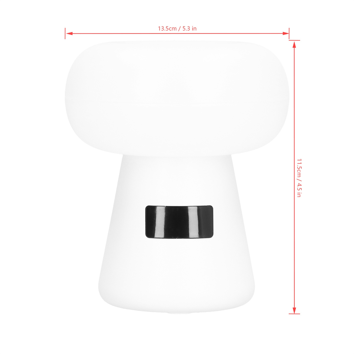 Weiße pilzförmige Lampe mit den Maßen: 13,5 cm x 11,5 cm. Schwarzes Rechteck vorne.