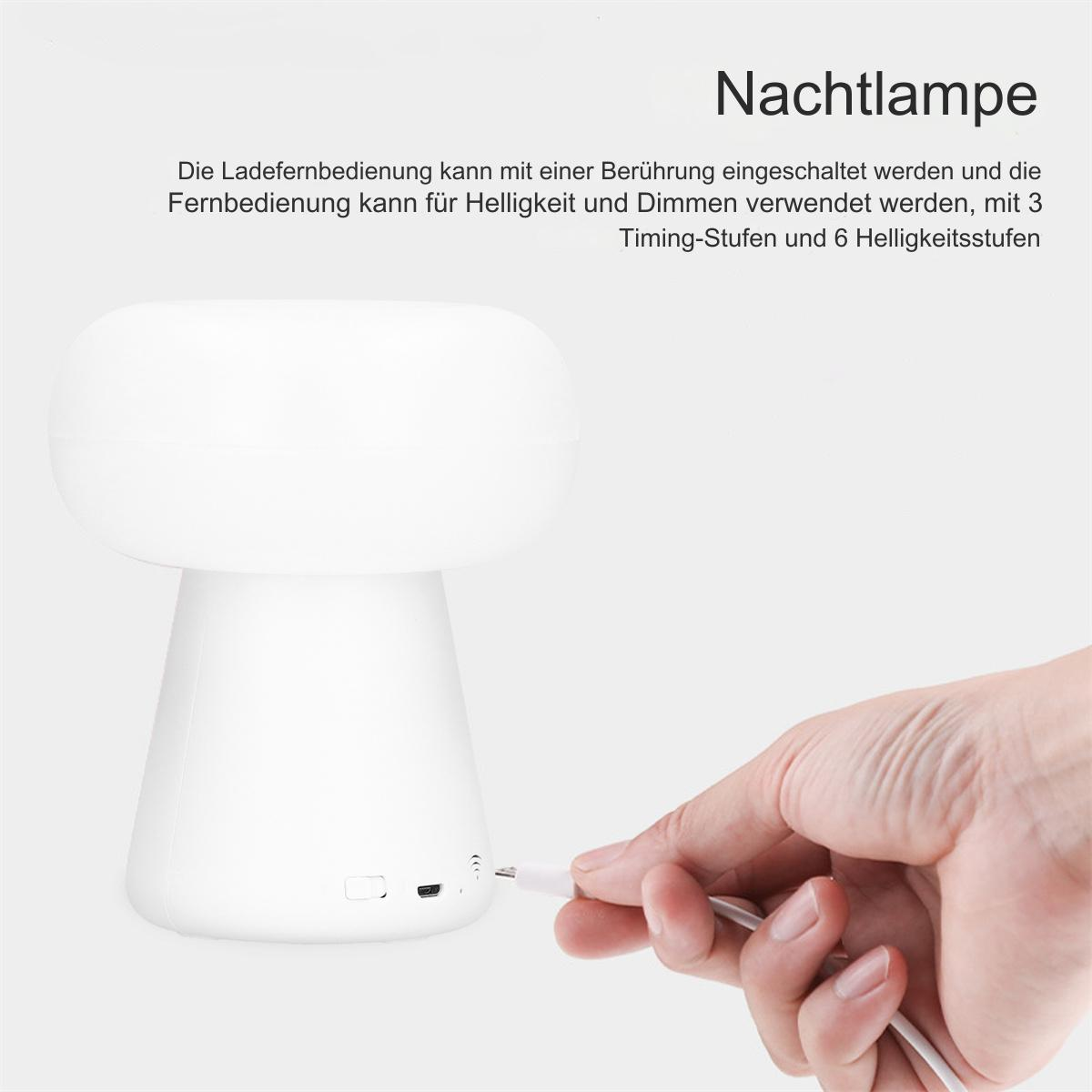 Eine weiße pilzförmige Lampe mit einer Hand, die ein Ladekabel hält. Text beschreibt Berührungs- und Dimmfunktionen.