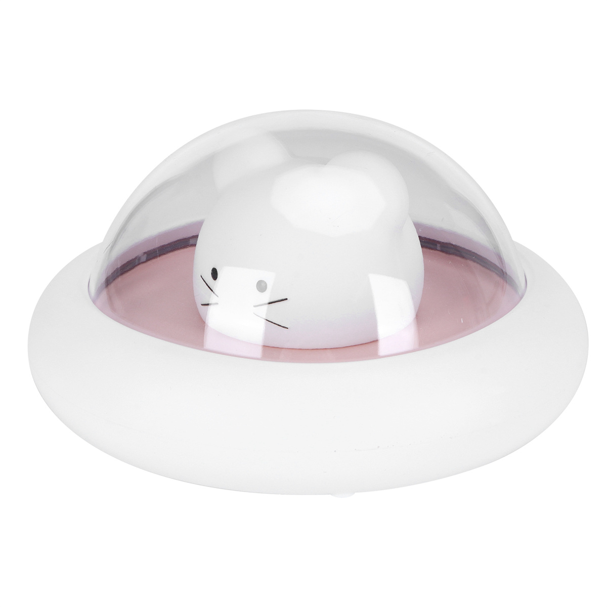 Weiße, umschlossene Hasenlampe. Ein weißer Hase sitzt in einer klaren, kuppelförmigen Abdeckung.