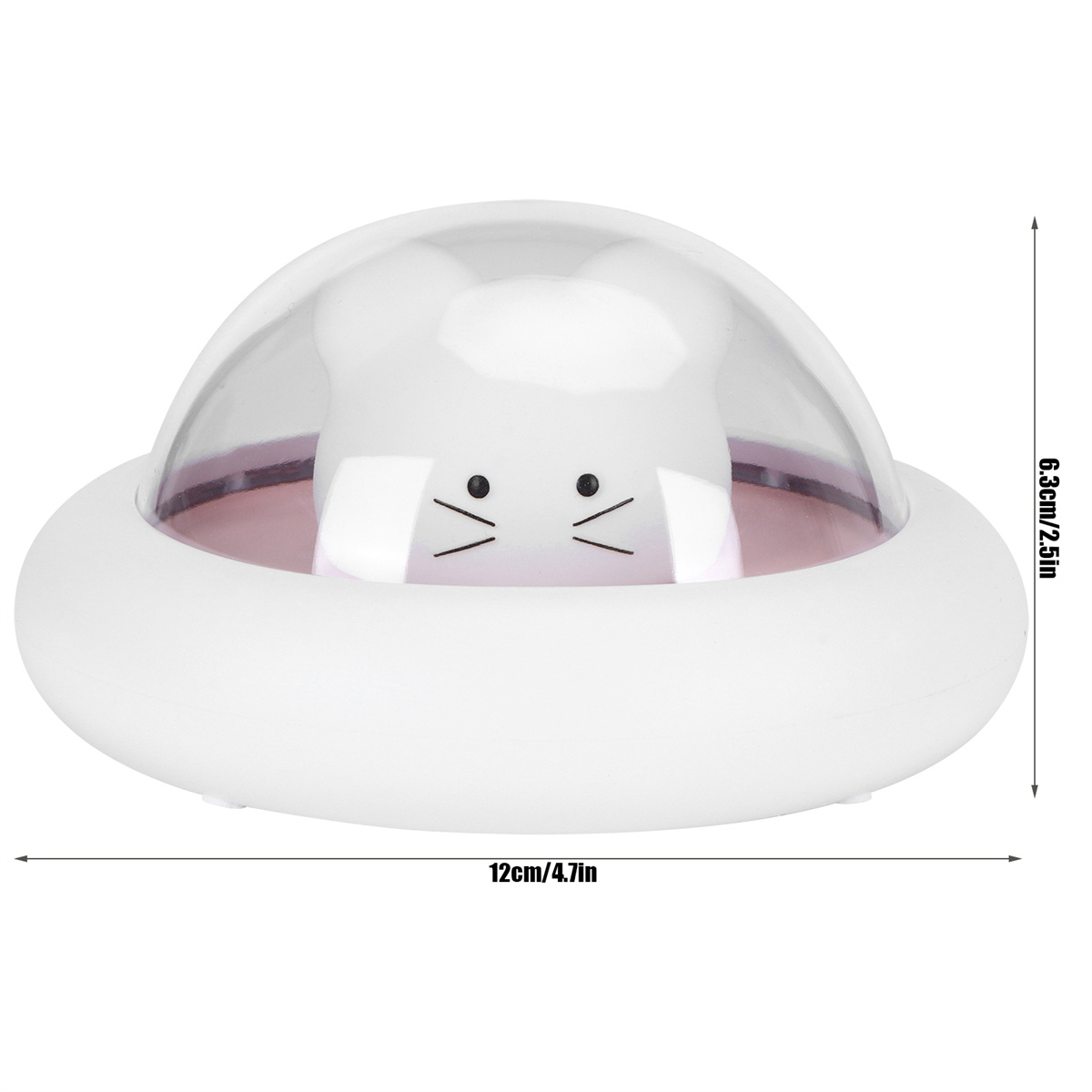 Eine weiße Lampe in Form eines Kaninchenkopfes in einer klaren Kuppel. Sie steht auf einem weißen Sockel und hat angegebene Maße.