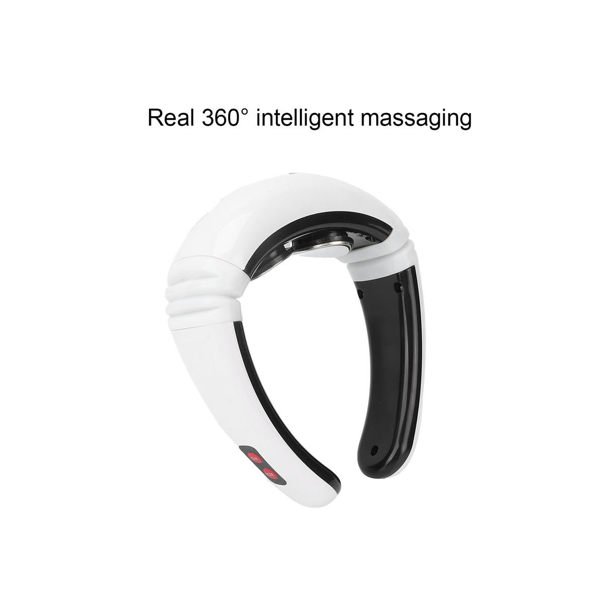 Weißes und schwarzes Nackenmassagegerät auf weißem Hintergrund. Es hat ein gewölbtes Design.