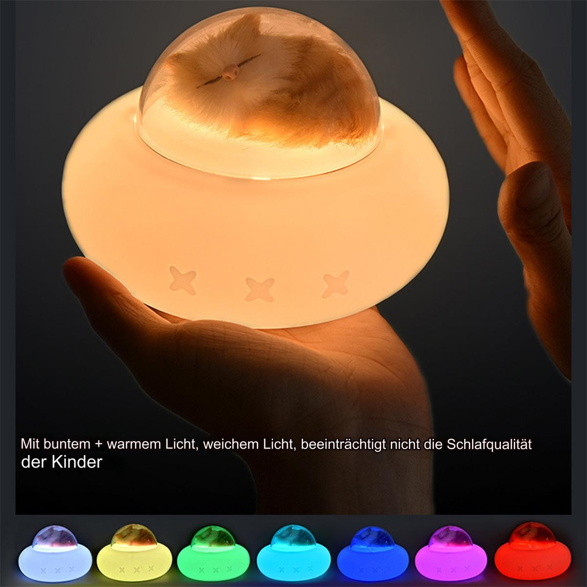 Eine Hand hält ein Licht. Das Licht hat die Form eines UFOs mit einer schlafenden Katze darin.