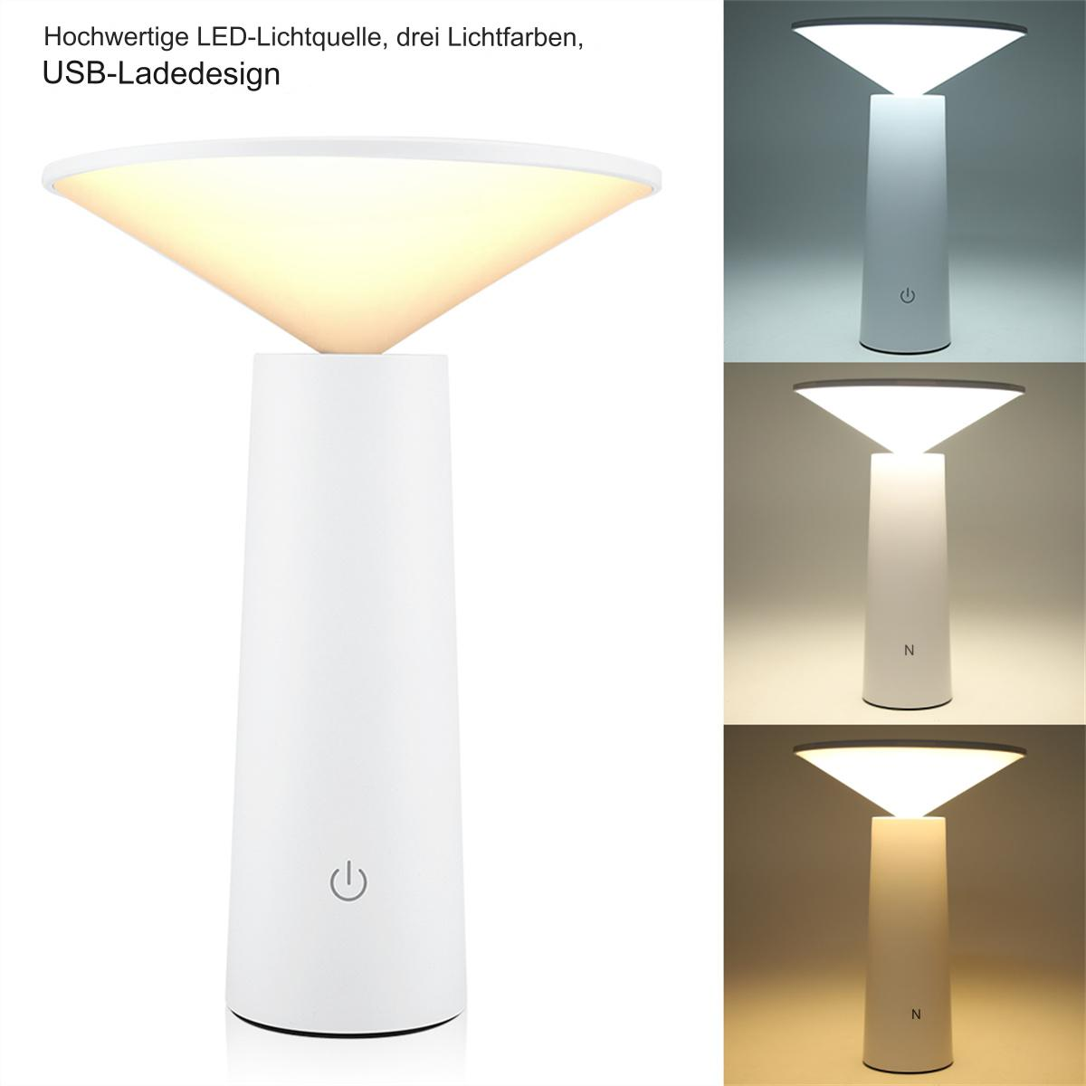 Weiße LED-Lampe mit konischem Aufsatz und drei verschiedenen Lichteinstellungen.