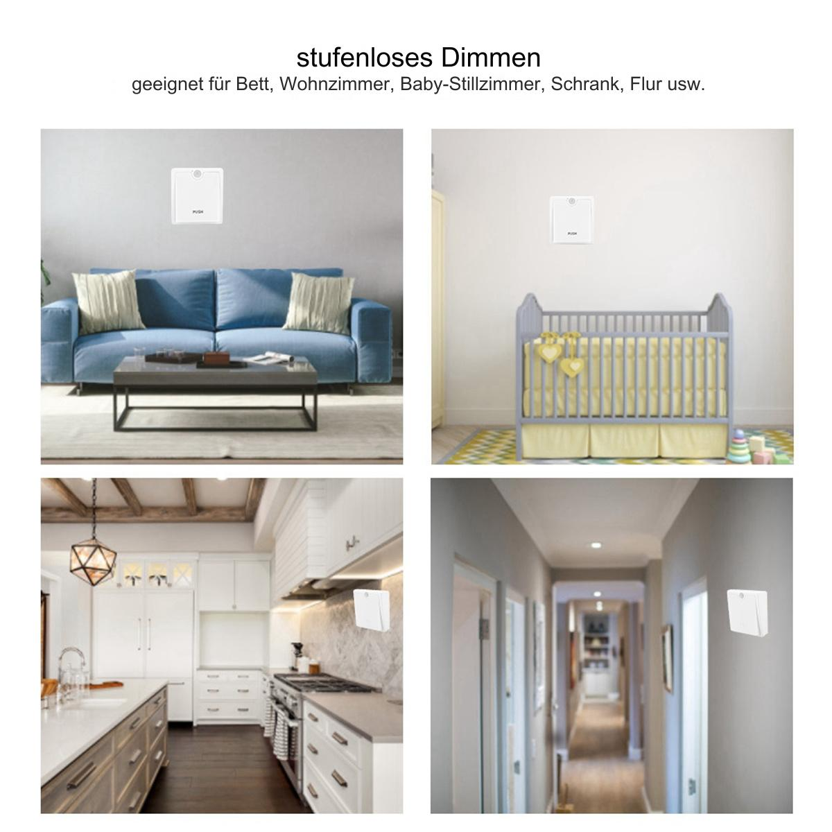 Vier Bilder, die ein an der Wand montiertes Licht in verschiedenen Umgebungen zeigen: Wohnzimmer, Schlafzimmer, Küche und Flur.