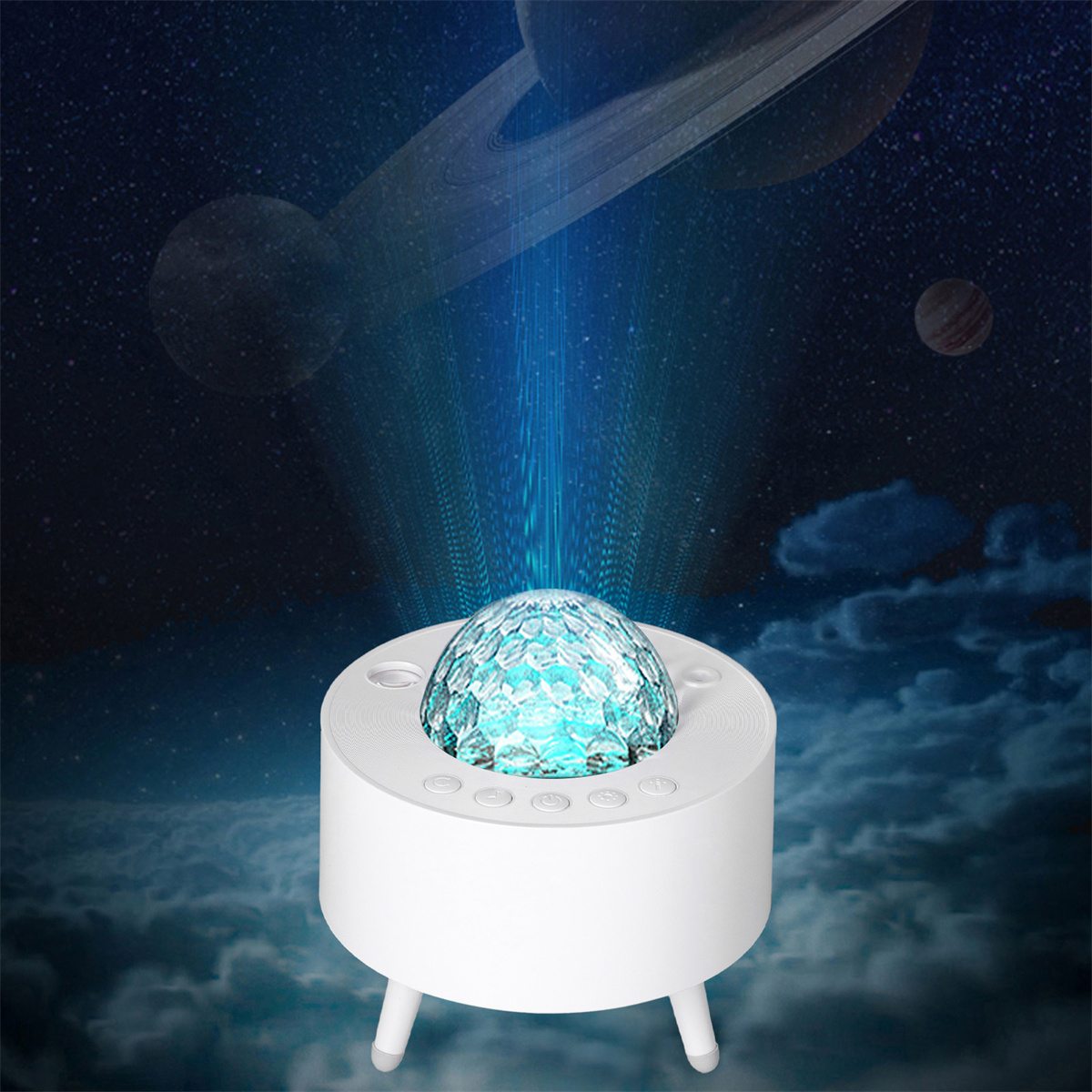Weißer Projektor, der ein Sternennachtszene mit Planeten projiziert.
