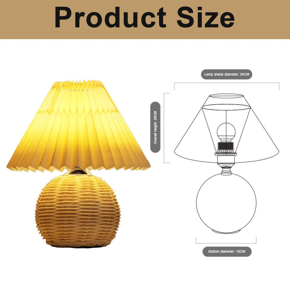 Tischlampe mit gelbem Lampenschirm auf geflochtener Basis. Ein Diagramm zeigt die Lampenabmessungen.