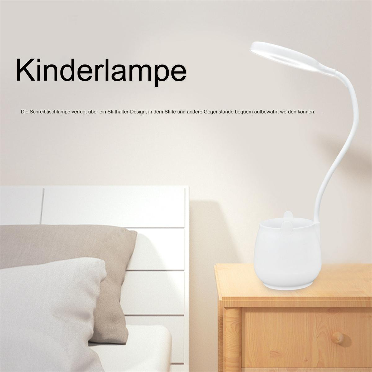 Weiße Schreibtischlampe mit flexiblem Arm und Stifthalter. Kinderlampe steht oben.