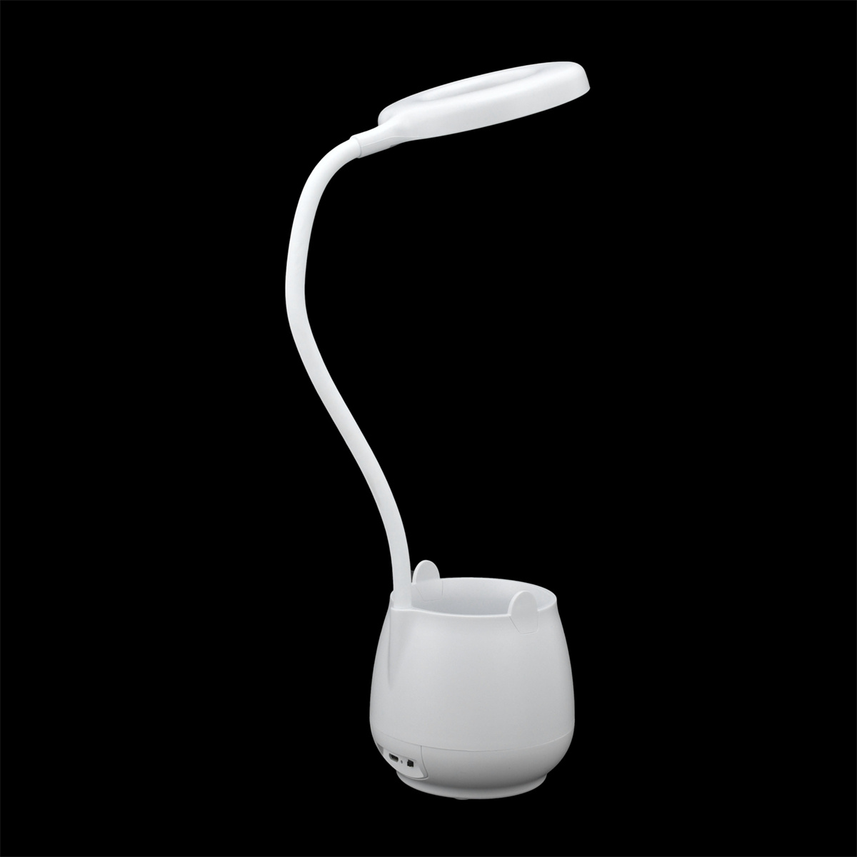 Weiße Schreibtischlampe mit flexiblem Hals und Stifthalter, schwarzer Hintergrund.