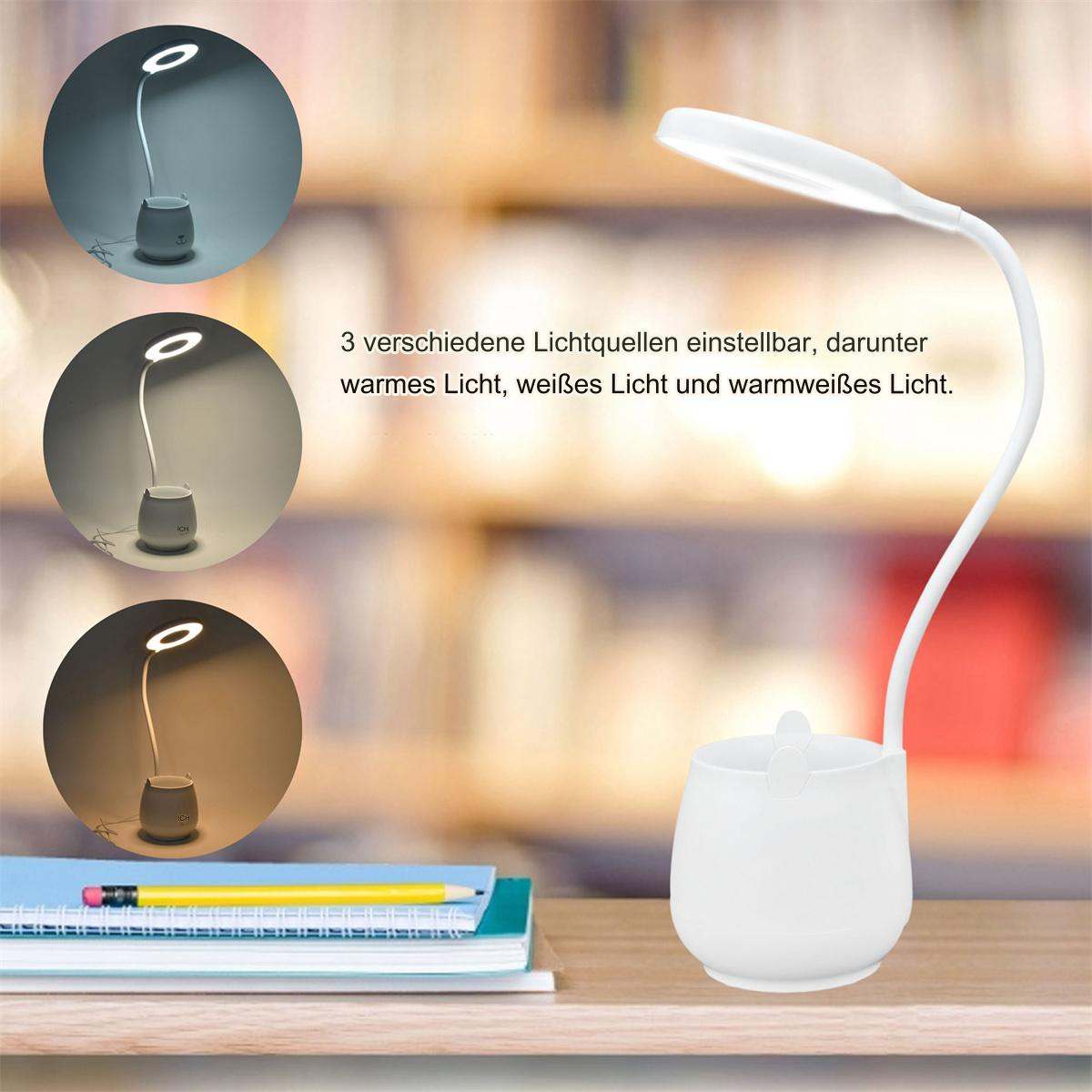 Eine weiße Schreibtischlampe mit Stifthalter. Drei Kreise zeigen unterschiedliche Lichtfarben: warm, weiß und warmweiß.