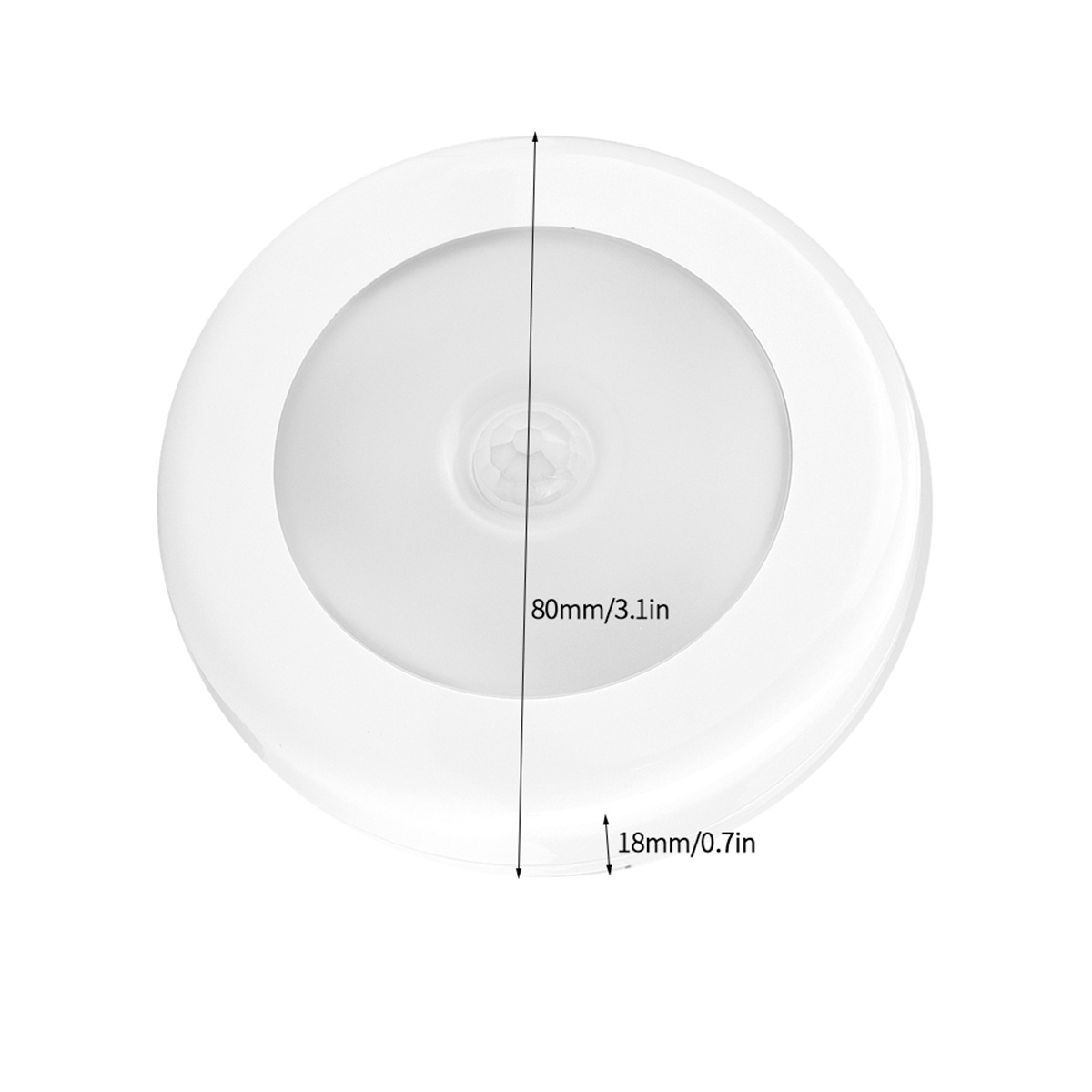 Ein weißes, rundes Bewegungssensorlicht. Abmessungen sind 80 mm/3,1 Zoll und 18 mm/0,7 Zoll.