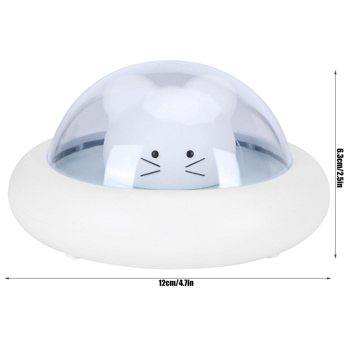 Eine weiße Lampe mit einer durchsichtigen Kuppel, einem Cartoon-Hasengesicht und Maßangaben.