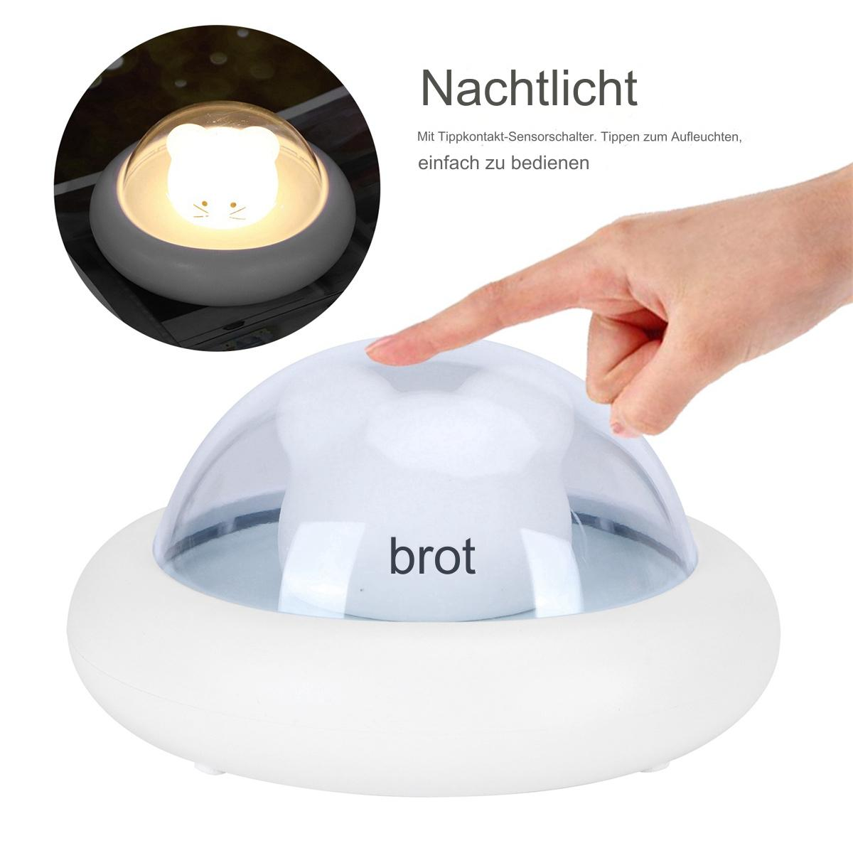 Weißes bärenförmiges Nachtlicht mit Finger, der die Oberseite berührt.