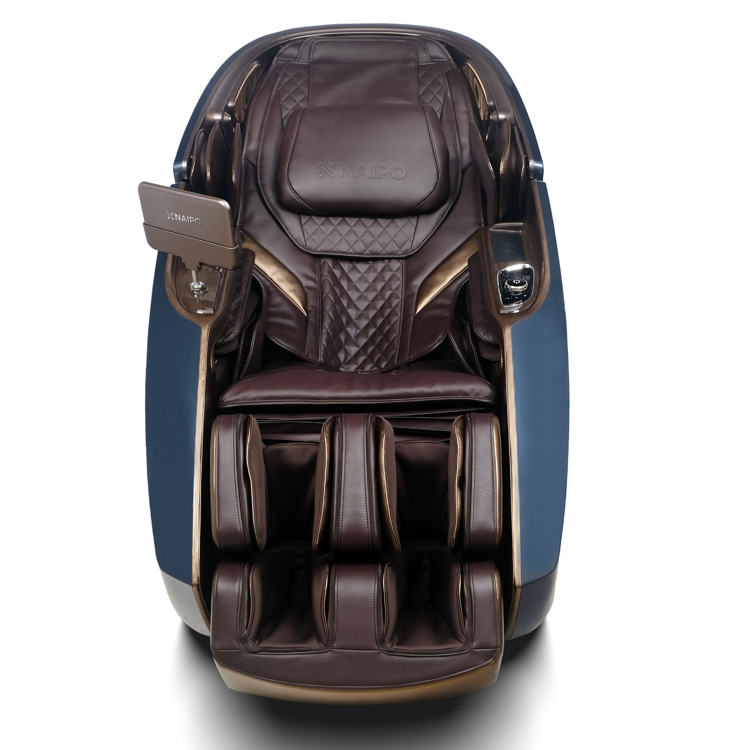 Blauer und brauner Massagesessel. Mit Liegefunktion, Armlehnen und Kopfstütze.