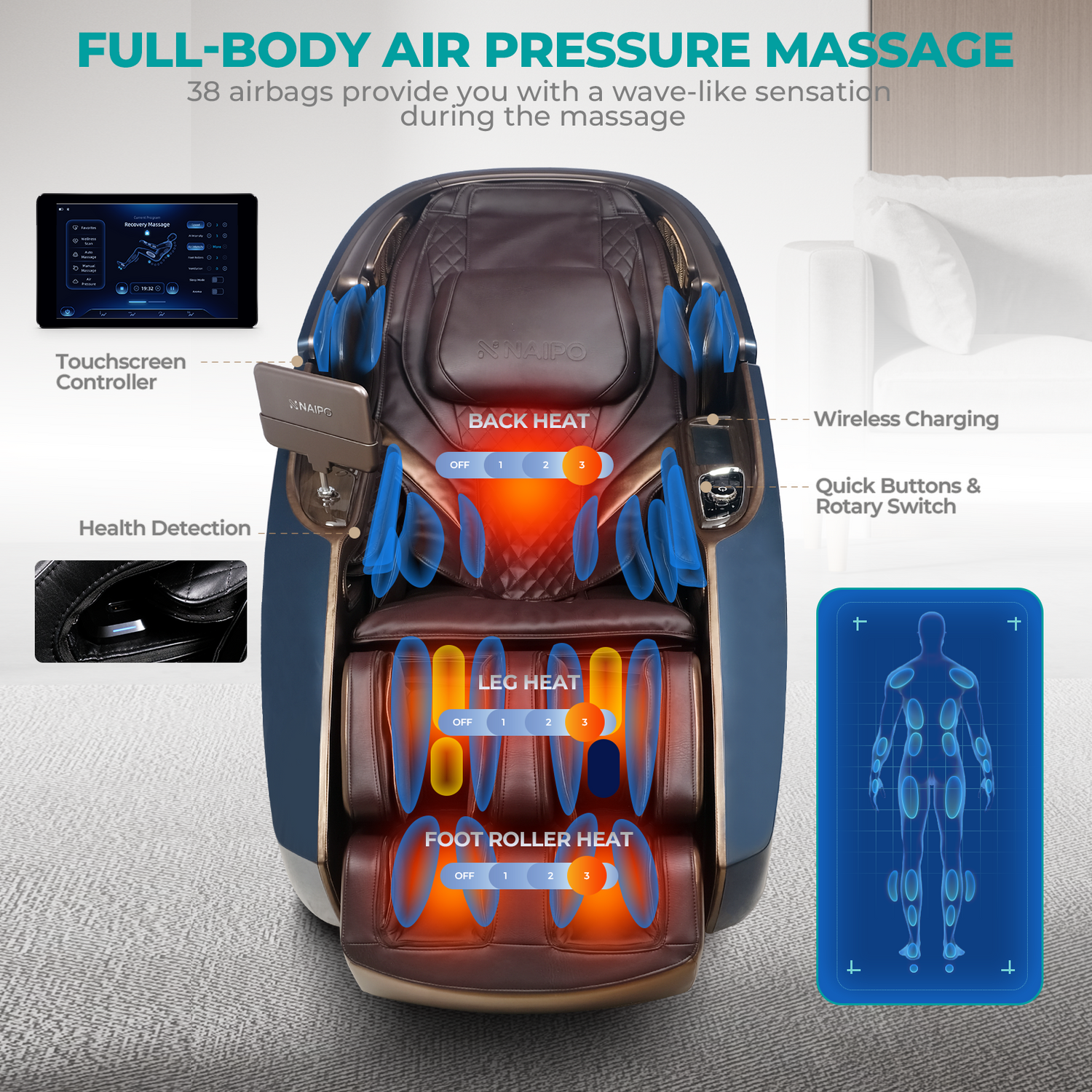 Massagesessel mit beschrifteten Funktionen wie Touchscreen, kabellosem Laden und Heizeinstellungen.