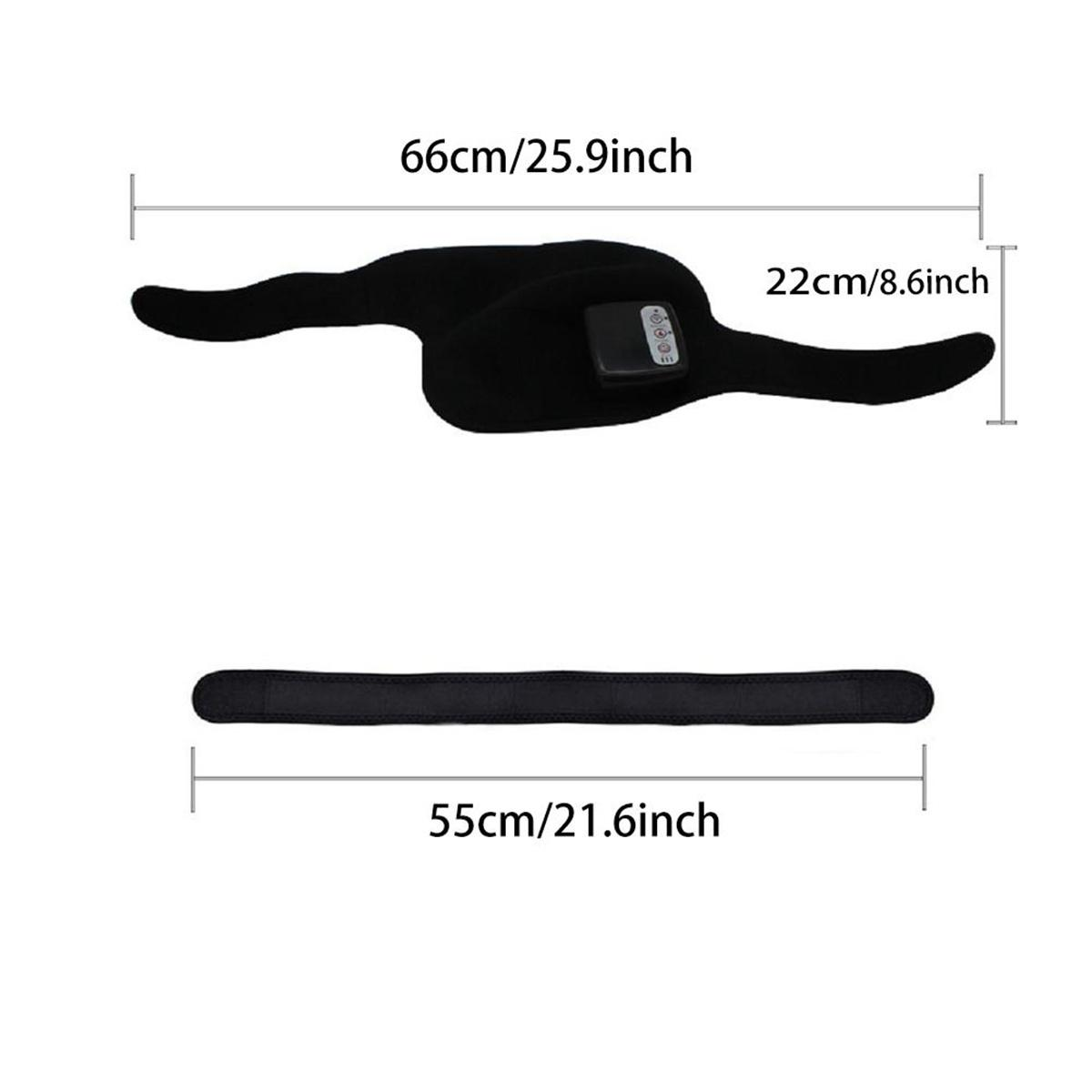 Zwei schwarze Rückenstützwickel mit Maßangaben in Zoll und Zentimetern, Draufsicht.