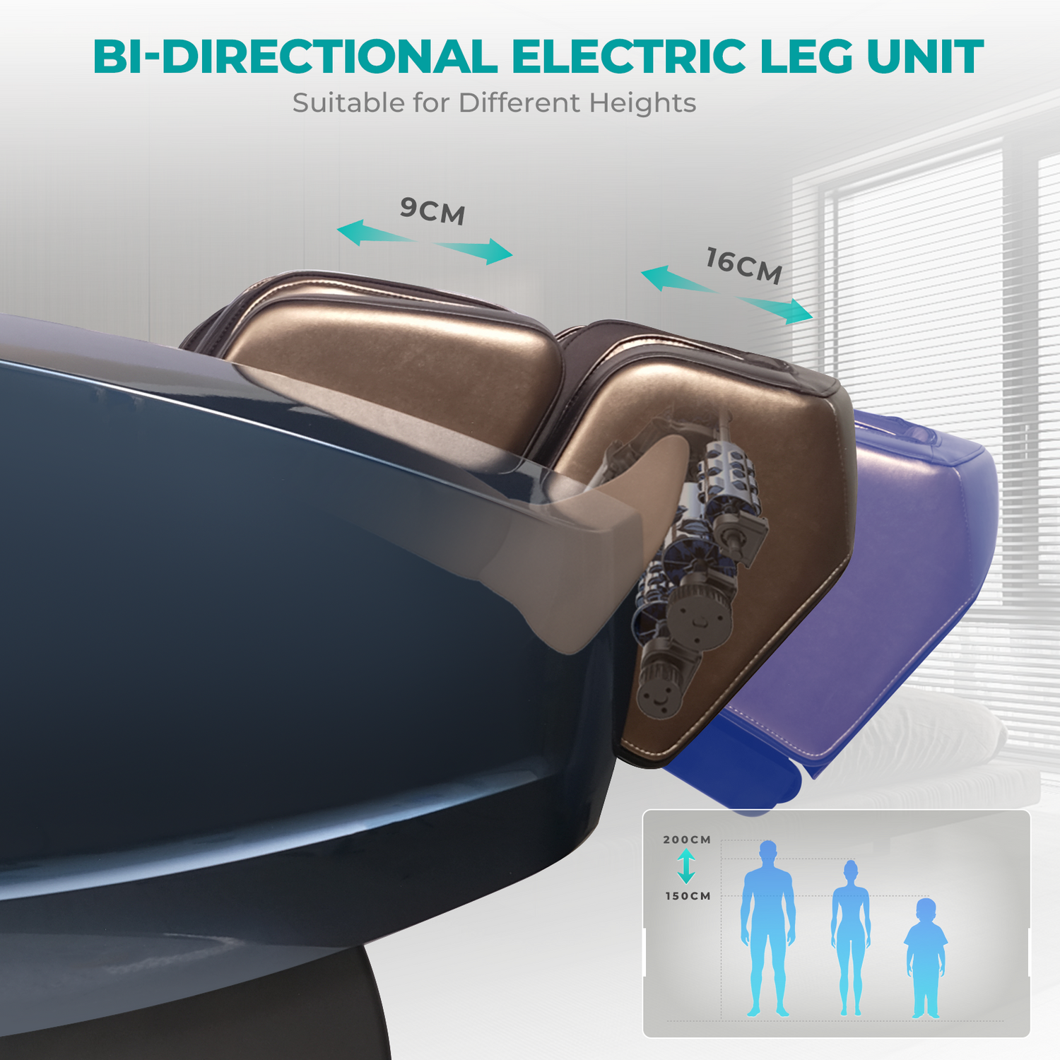 Eine bidirektionale elektrische Beineinheit mit zwei braunen und blauen Kissen, mit Höhen- und Größenindikatoren.