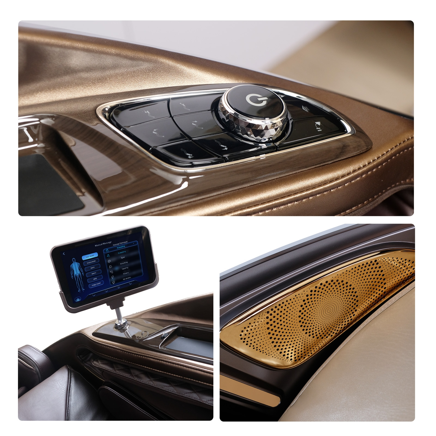 Autointerieur mit Bedienfeld. Ein Bildschirm zeigt Einstellungen. Ein Lautsprecher ist sichtbar.
