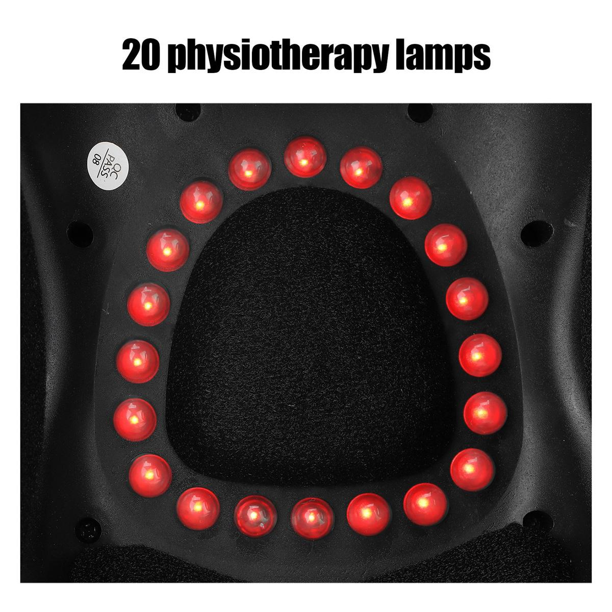 Schwarzes medizinisches Gerät mit 20 roten Lichtern, die kreisförmig angeordnet sind. Text '20 Physiotherapielampen' steht darüber.