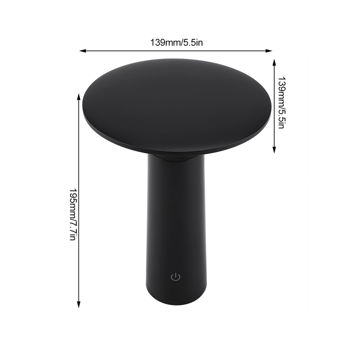 Schwarze Touch-Lampe mit Maßangaben. Sie hat eine kreisförmige Oberseite und einen zylindrischen Sockel. Stromsymbol.