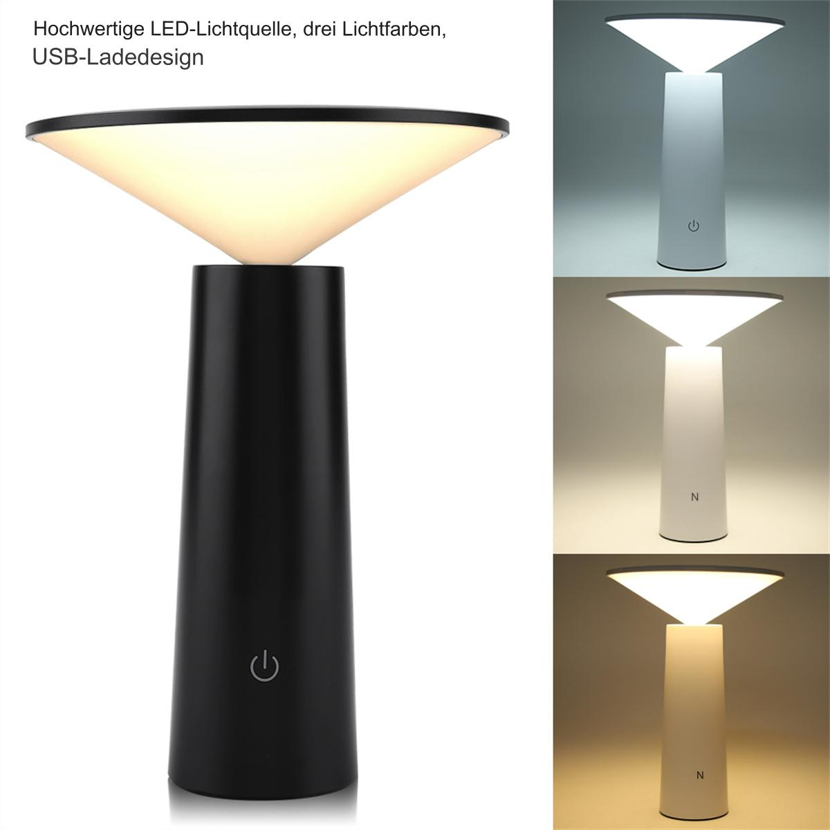 Eine schwarz-weiße LED-Lampe mit drei Lichteinstellungen. Die Lampe hat einen konischen Schirm und einen zylindrischen Sockel.