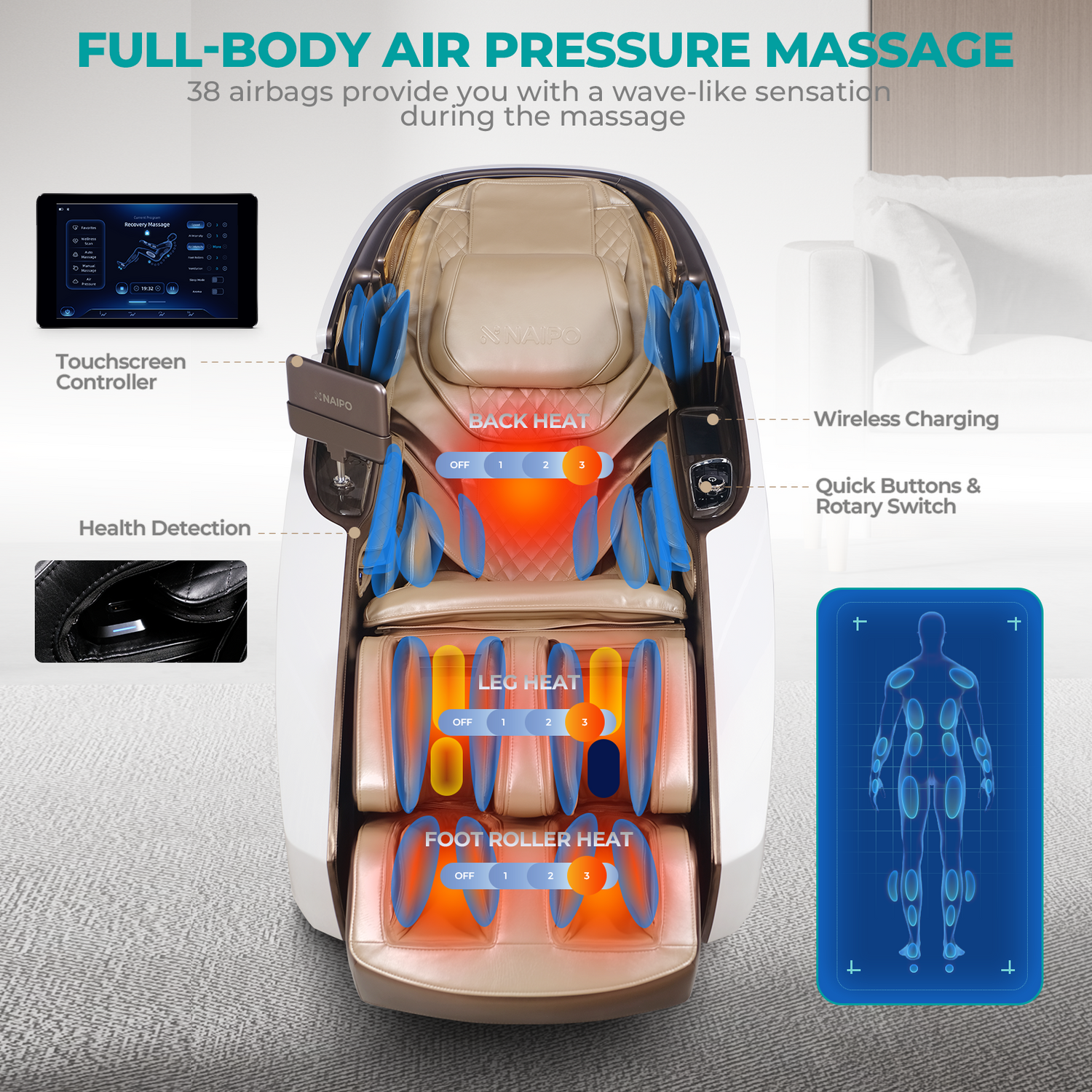 Ein Massagesessel mit Touchscreen-Controller, Diagramm mit Airbags und Heizzonen.