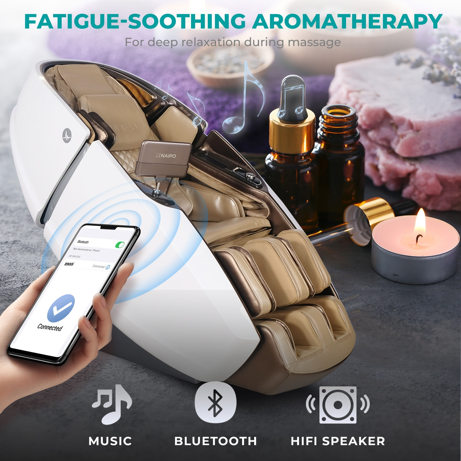 Ein Massagestuhl mit einem Smartphone, das ein verbundenes Bluetooth anzeigt. Verschiedene Aromatherapie- und Musikelemente sind vorhanden.