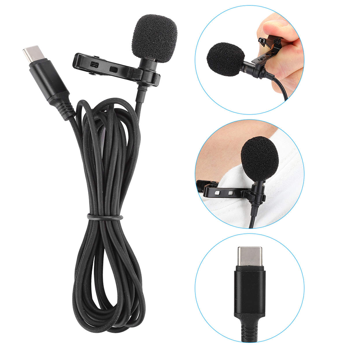 Ein schwarzes Lavalier-Mikrofon-Kit mit drei verschiedenen Ansichten: montiert, an einer Person und Nahaufnahme.